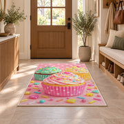 Cute pastel cupcakes rug in an entryway with a wooden door and bench