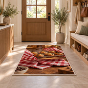 Fresh muffin tray rug in an entryway with a wooden door and bench