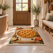 Apple pie with rolling pins rug in an entryway with a wooden door and bench