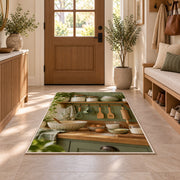 Sage farmhouse baking shelf rug in an entryway with a wooden door and bench