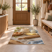 Eggs flour and butter rug in an entryway with a wooden door and bench