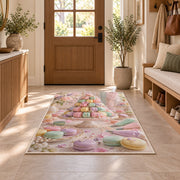 Pastel macaron tower rug in an entryway with a wooden door and bench