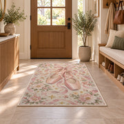 Pink pointe shoes floral rug in an entryway with a wooden door and bench