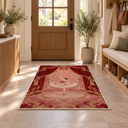 Ballerina on stage rug in an entryway with a wooden door and bench