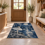 Swan lake ballerina rug in an entryway with a wooden door and bench