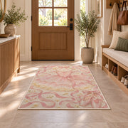 Pink tutu on hanger rug in an entryway with a wooden door and bench