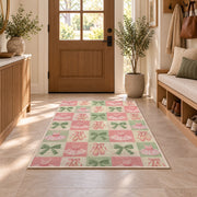 Ballet checkered rug in an entryway with a wooden door and bench