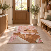 Ballet studio rug in an entryway with a wooden door and bench