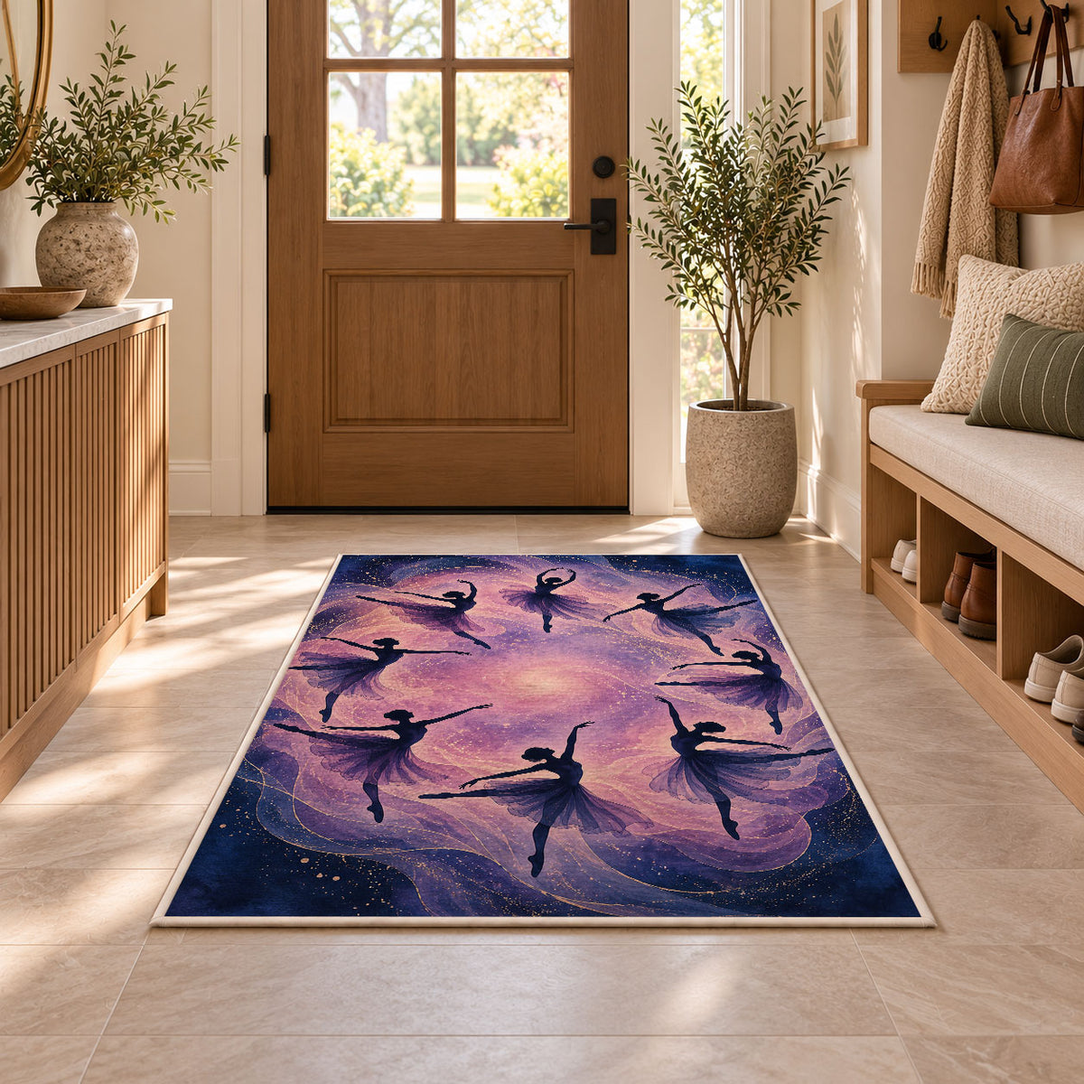 Ballerina silhouettes rug in an entryway with a wooden door and bench