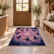 Ballerina silhouettes rug in an entryway with a wooden door and bench