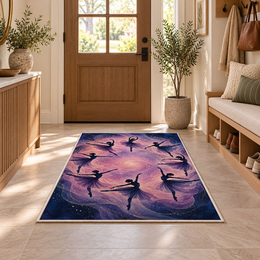 Ballerina silhouettes rug in an entryway with a wooden door and bench