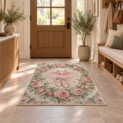 Rose wreath ballet rug in an entryway with a wooden door and bench