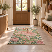 Bunny ballerina rug in an entryway with a wooden door and bench