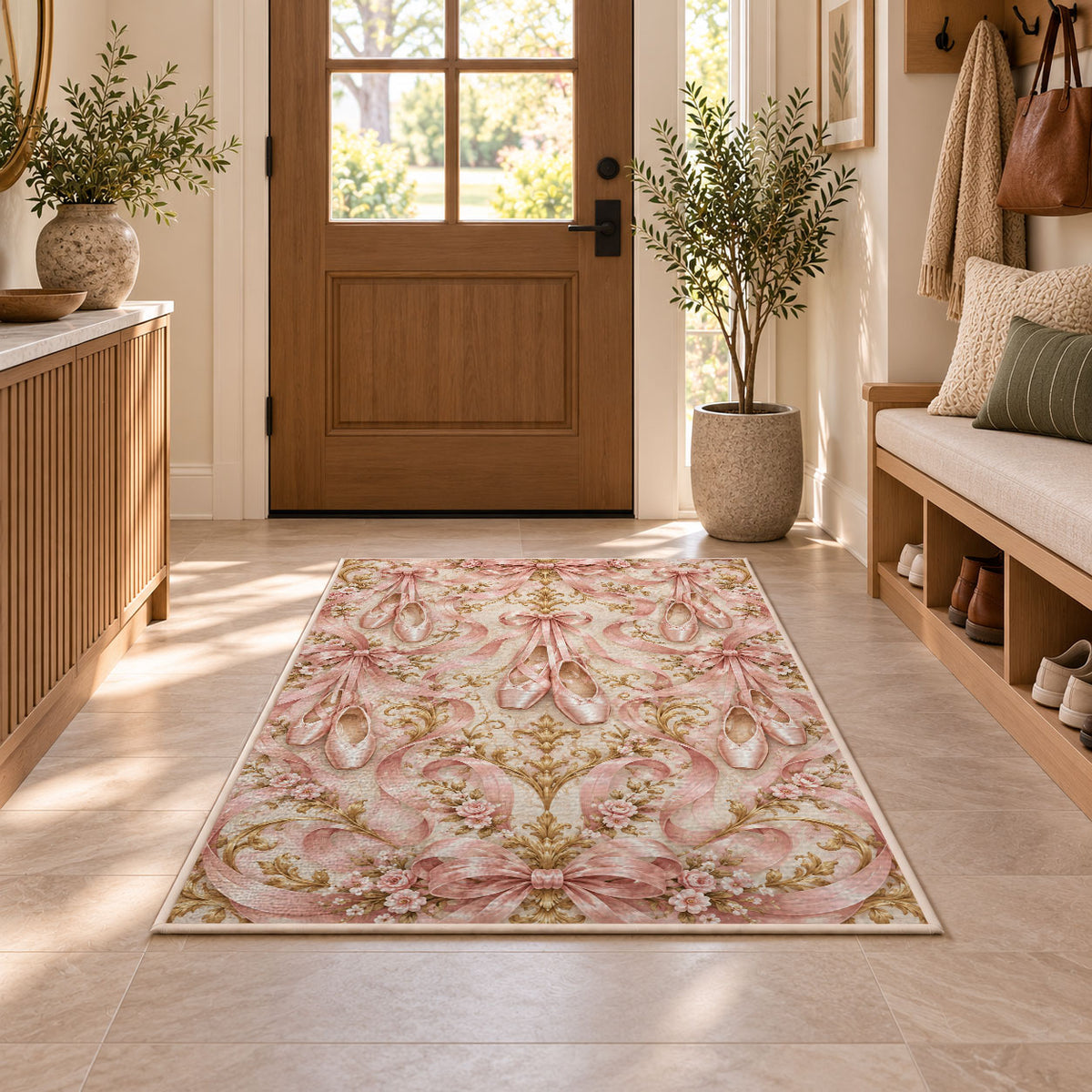 Pointe shoes ribbon damask rug in an entryway with a wooden door and bench