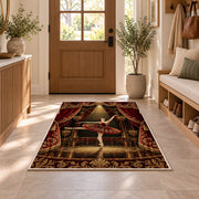 Ballerina in spotlight rug in an entryway with a wooden door and bench