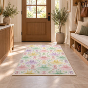 Pastel tutu pattern rug in an entryway with a wooden door and bench