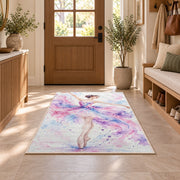 Watercolor ballerina rug in an entryway with a wooden door and bench