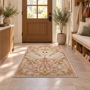 Swan heart rug in an entryway with a wooden door and bench