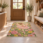 Butterfly fairy ballerina rug in an entryway with a wooden door and bench