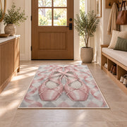 Pointe shoes harlequin rug in an entryway with a wooden door and bench