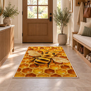 Honeybee Honeycomb Rug in an entryway with a wooden door and bench