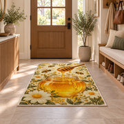 Honey Jar and Dipper Rug in an entryway with a wooden door and bench