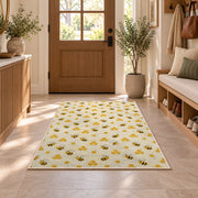 Tiny Bee Pattern Rug in an entryway with a wooden door and bench