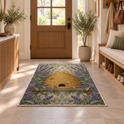 Vintage Straw Beehive Rug in an entryway with a wooden door and bench
