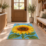 Sunflower and Bees Rug in an entryway with a wooden door and bench