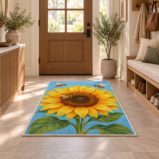 Sunflower and Bees Rug in an entryway with a wooden door and bench