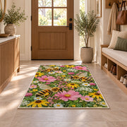 Bees in Wildflower Garden Rug in an entryway with a wooden door and bench