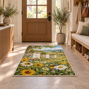 Vintage Bee Farm Rug in an entryway with a wooden door and bench