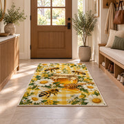 Gingham Honey Jar Bee Rug in an entryway with a wooden door and bench