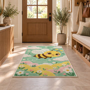 Cute Baby Bee Nursery Rug in an entryway with a wooden door and bench