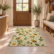 Happy Bees Flight Path Rug in an entryway with a wooden door and bench