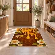 Dripping Honeycomb Bee Rug in an entryway with a wooden door and bench