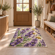 Lavender and Bees Rug in an entryway with a wooden door and bench