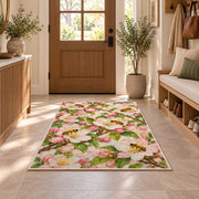 Apple Blossom Bees Rug in an entryway with a wooden door and bench