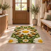 Bee Ring Daisy Medallion Rug in an entryway with a wooden door and bench