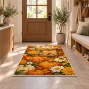 Autumn Beehive Pumpkin Rug in an entryway with a wooden door and bench