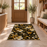 Golden Bees on Black Rug in an entryway with a wooden door and bench