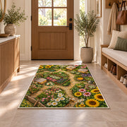 Bee Garden Top View Rug in an entryway with a wooden door and bench