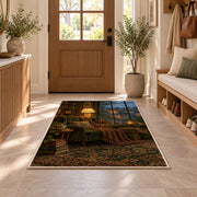Rainy Day Reading Nook rug in an entryway with a wooden door and bench