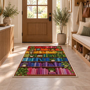 Rainbow Bookshelf rug in an entryway with a wooden door and bench