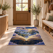 Fantasy World from a Book rug in an entryway with a wooden door and bench