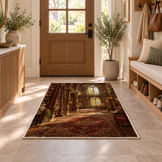 Grand Old Library rug in an entryway with a wooden door and bench