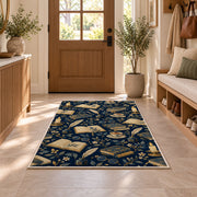 Book and Quill Pattern rug in an entryway with a wooden door and bench