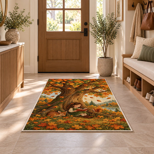 Girl Reading Under Autumn Tree rug in an entryway with a wooden door and bench