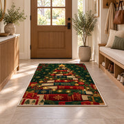 Book Christmas Tree rug in an entryway with a wooden door and bench