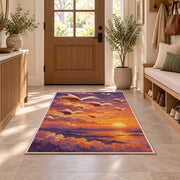 Books Flying at Sunset rug in an entryway with a wooden door and bench